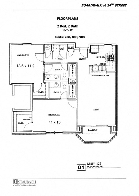 Floor plan for 2 beds, 2 baths, 975 sqft